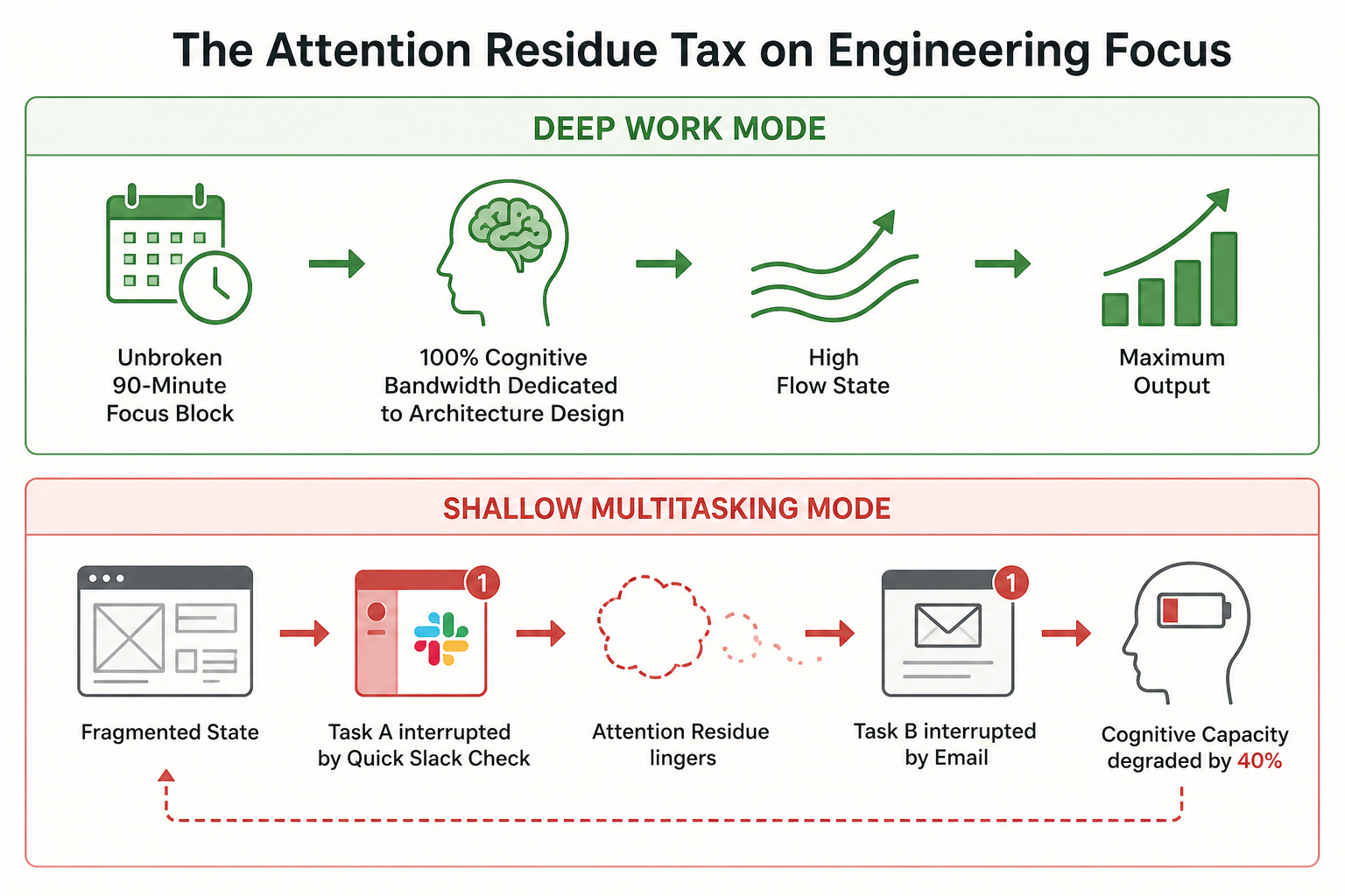 Figure 35.1: Attention Residue Theory illustrating cognitive degradation caused by rapid digital context switching.
