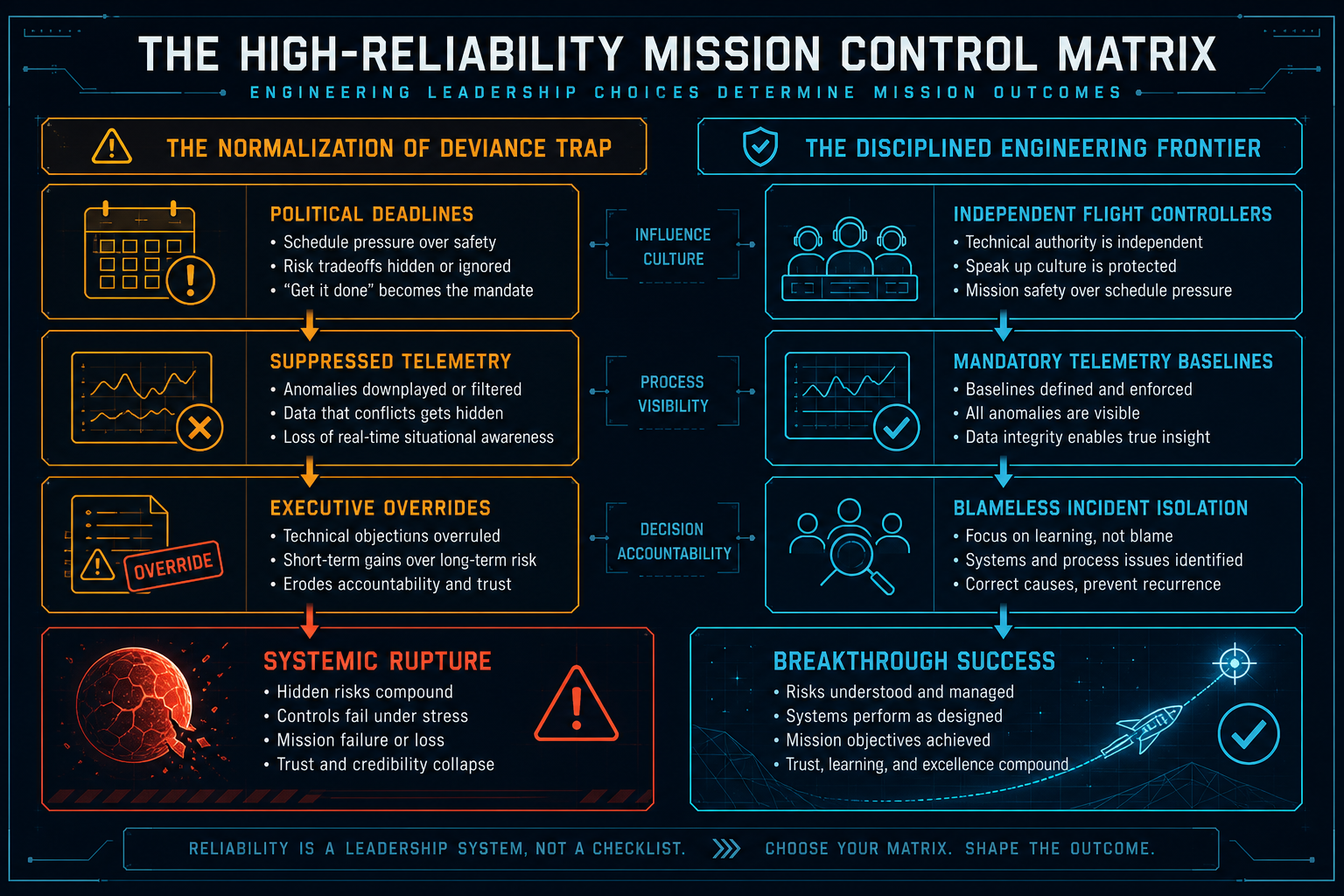 Figure 50.1: The Mission Control Risk Architecture illustrating the operational guardrails required to navigate high-consequence technical missions.