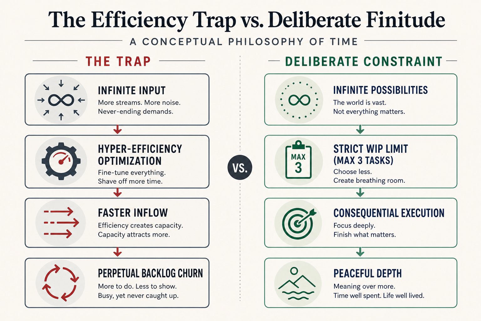 Figure 41.1: The Efficiency Trap contrasted against the Deliberate Constraint Model of time management.