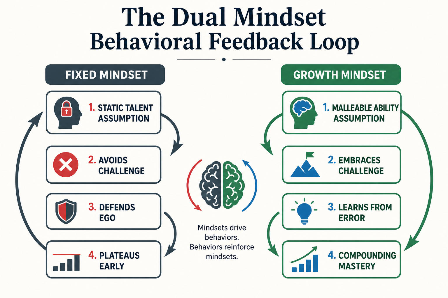 Figure 38.1: The Mindset Behavioral Feedback Loop contrasting fixed talent assumptions with iterative mastery systems.