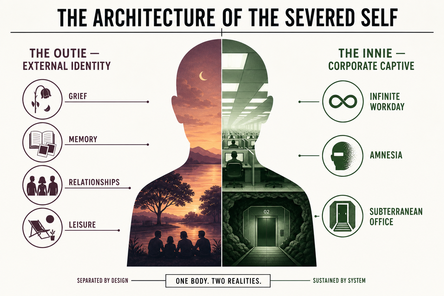 Figure 47.1: The Severed Self illustrating the catastrophic loss of human wholeness when identity is forcibly bifurcated.