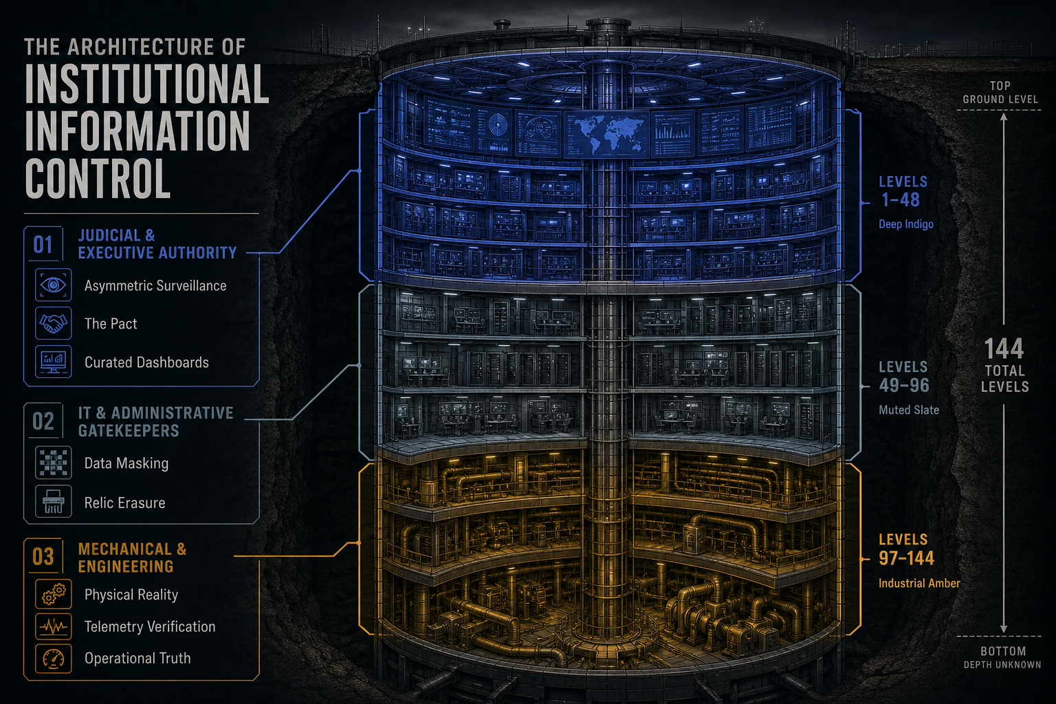 Figure 48.1: The Architecture of Institutional Information Control illustrating the systemic fragility of top-down data asymmetry.