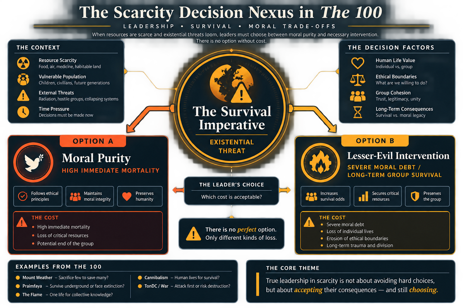 Figure 44.1: The Scarcity Decision Nexus illustrating the tragic trade-offs inherent in existential crisis governance.