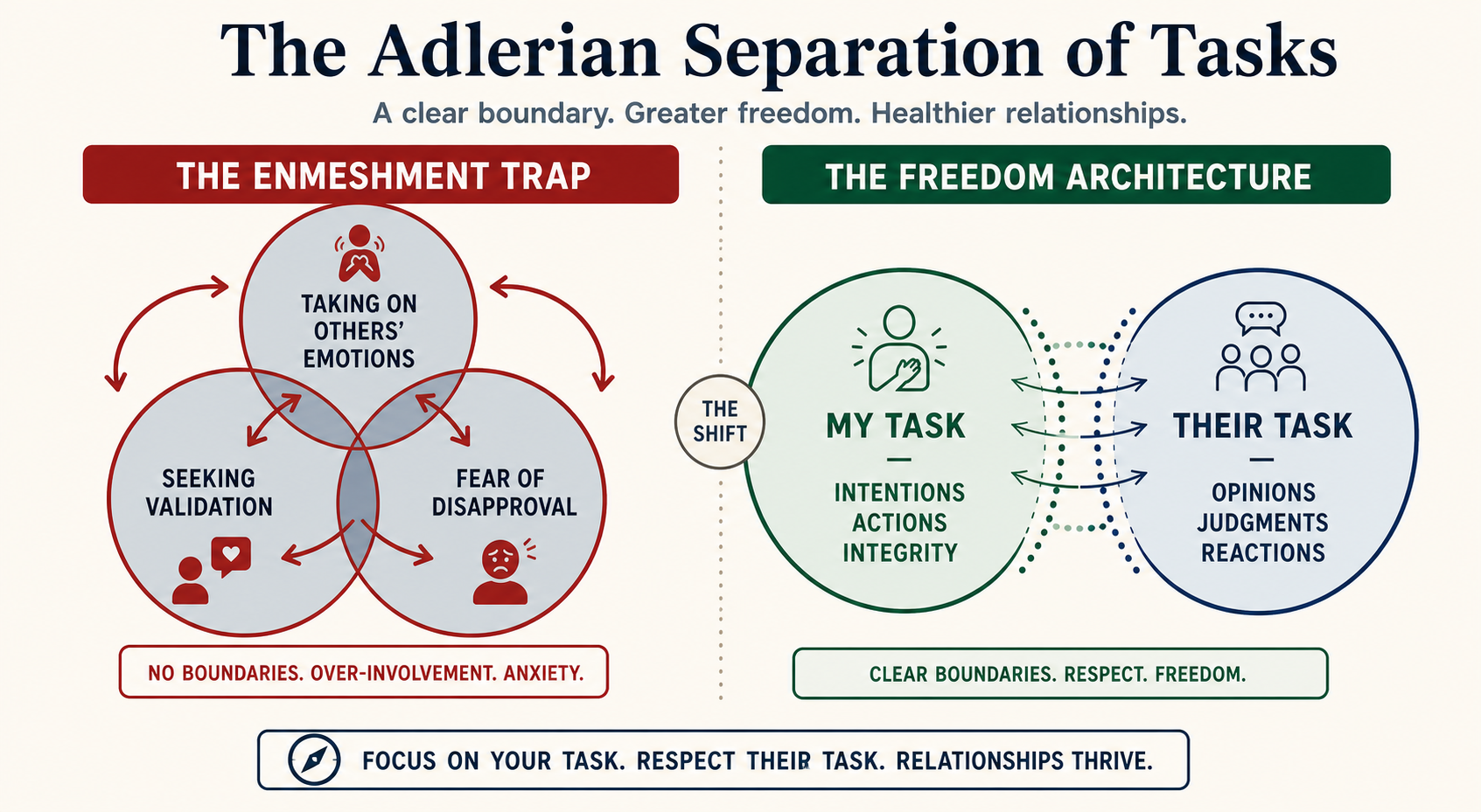Figure 42.1: The Separation of Tasks framework demonstrating healthy psychological boundaries between personal agency and external opinion.