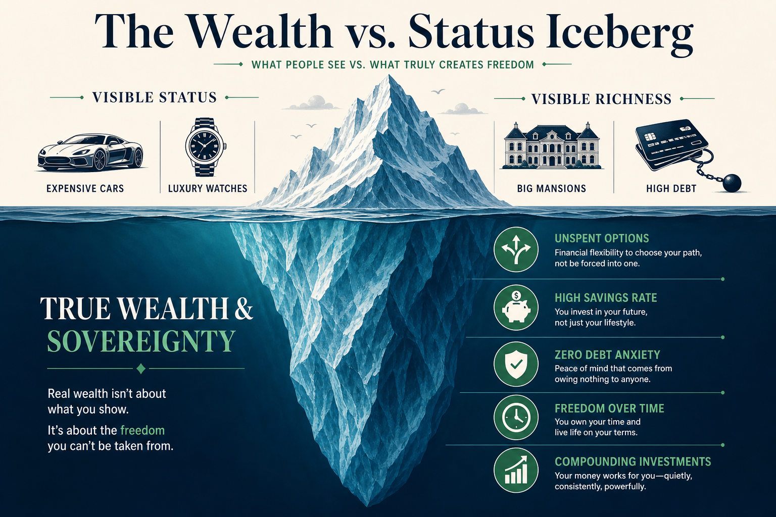 Figure 33.1: The Wealth vs. Status Iceberg illustrating that true wealth consists of financial options not yet spent.